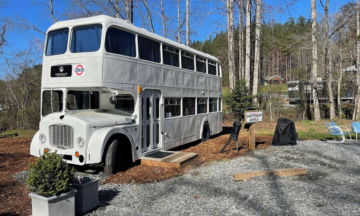 Mill Spring Apartment | Vintage 1962 double decker bus on the creek, gas grill, fire pit, short walk to pool and playground, sleeps 4-5.