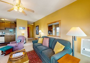 Mountain-view condo with hot tub, pool, high-speed WiFi & wood-burning fireplace