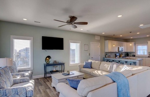 Village of Stump Sound House | Coastal home with ocean views, 3 decks, central AC, washer/dryer, & pool