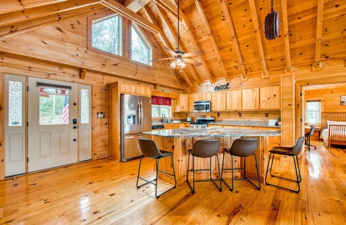 Mills River Cabin | Lakefront cabin & tiny home with a firepit, wet bar, washer/dryer, dock
