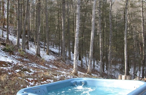 Robbinsville Cabin | Luxury Log Cabin, 4.5 Private Ac. Above Mtn Stream, Hot Tub & Wifi, Paved Dr.
