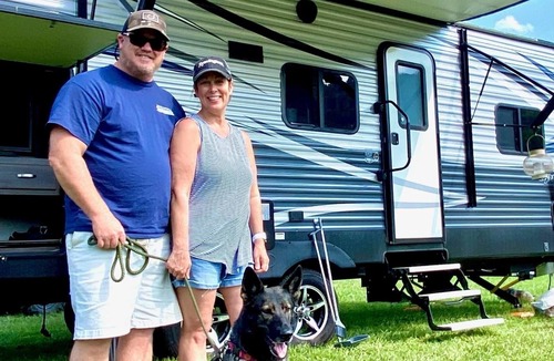 Ferguson RV Rental | Panoramic views of Blue Ridge Mountains, large RV elec & water sites pondside
