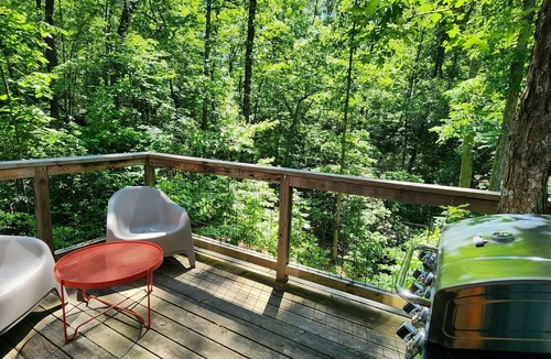 Mill Spring House | Romantic treehouse nestled on the creek, private deck, loft bedroom, shower skylights, bridge, sleeps 3.