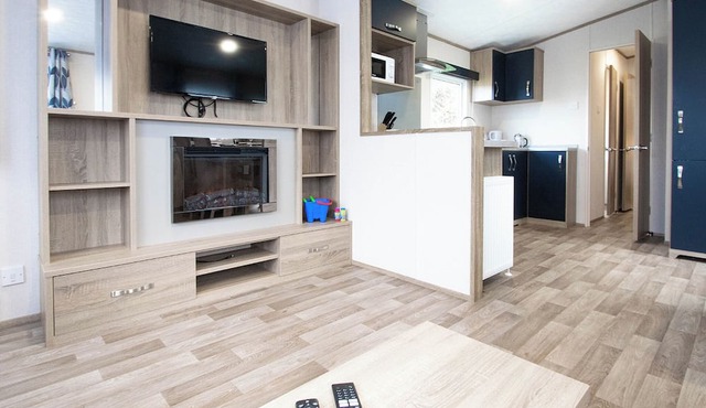 12ft-wide caravan with one double with en suite bathroom and one twin bedroom.
