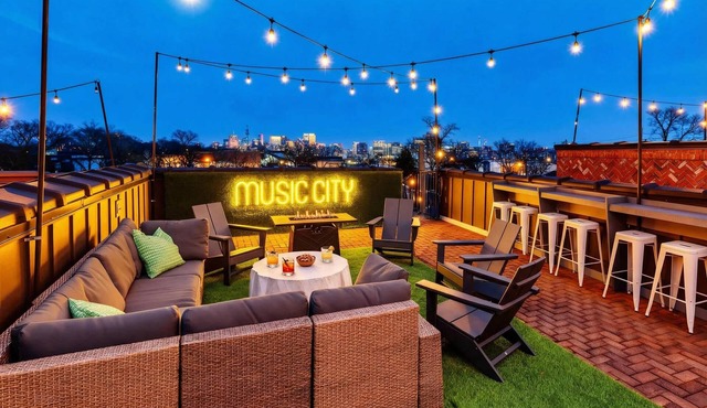 Music City July 4 rooftop decks, karaoke garage, game room near Broadway