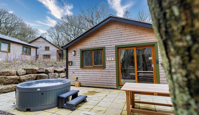 Padley; woodland lodge for 2-4 with hot tub, BBQ, near Alton Towers.