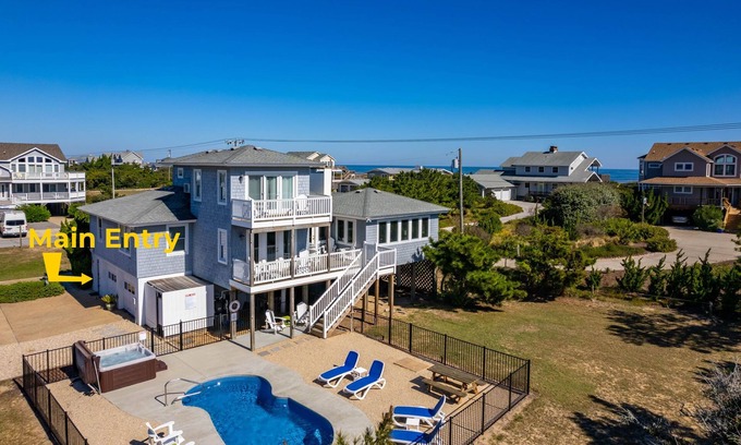 Southern Shores House | Here & Now: Semi-Oceanfront, private pool, hot tub, steps to the beach, two living areas.