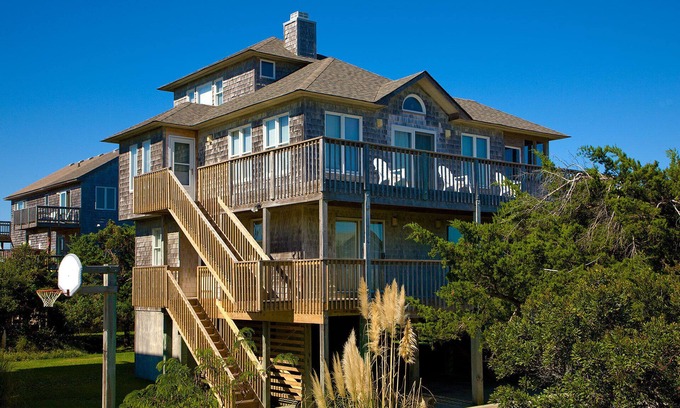 Frisco House | Spacious Oceanview Home in Frisco with Hot Tub, Screened Porch. Beach Nearby!
